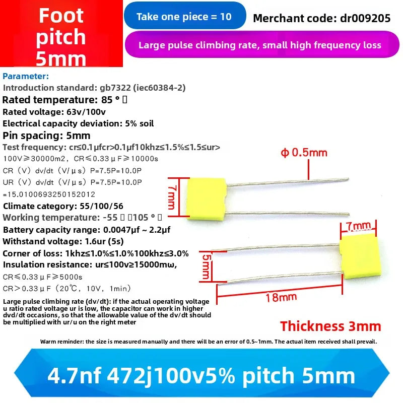 10PCS 100V Correction Capacitor Polypropylene Safety Plastic Film 100V 1nF ~ 470nF 100nf 220nf 10nf 47nf 22nf 1nf 0.47uf 0.1uf