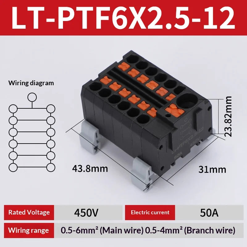 Push-in Terminal Block PTF6X2.5mm One in Multiple Out Splitter Spliceable Wire Connectors DIN Rail Junction Box Electrical Joint