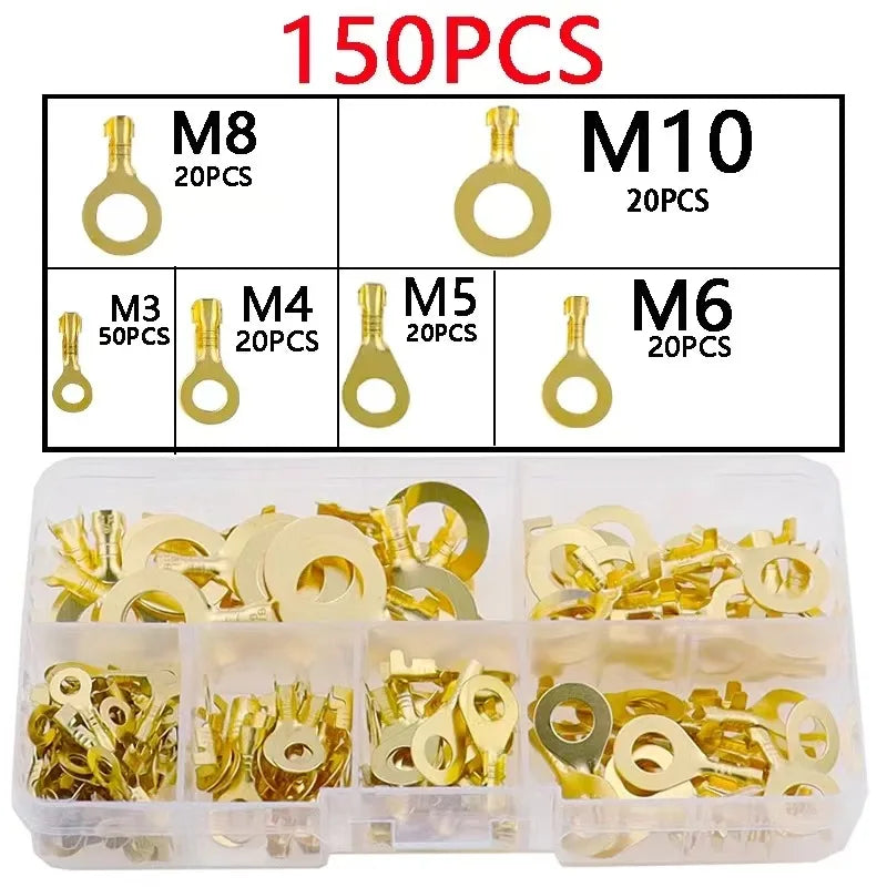 150pcs Boxed Terminal Block Wire Connector M3/M4/M5/M6/M8/M10 O-type Ground Lugs Terminal Cold-Pressed Copper Tab Wiring Nose