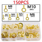 150pcs Boxed Terminal Block Wire Connector M3/M4/M5/M6/M8/M10 O-type Ground Lugs Terminal Cold-Pressed Copper Tab Wiring Nose