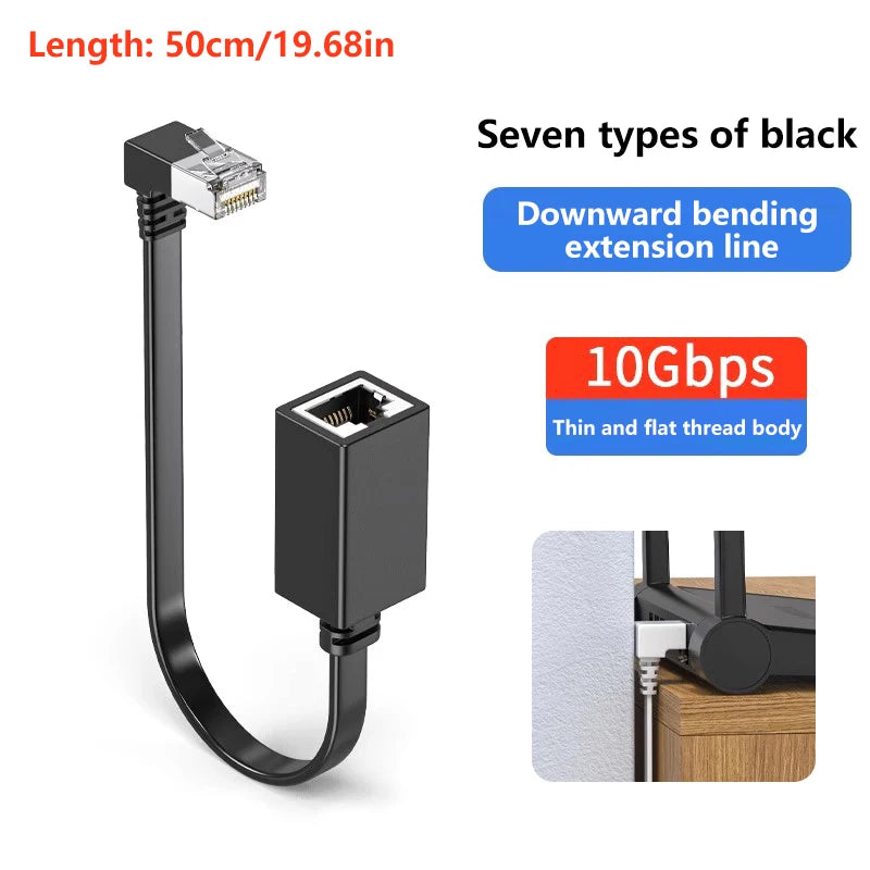 【Ultra 10G RJ45 Male To Female Adapter Cord 90 Degree Flat Ultra Right/Left Angle Elbow Network Wire CAT7 Extension Cable】