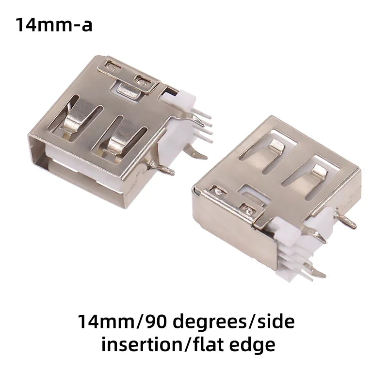 10PCS USB A Type Female Socket 14mm 19.5mm 4Pin AF 90° Right Angle Side Insertion Flat Edge Curled Edge 2.0 USB-A Type Connector