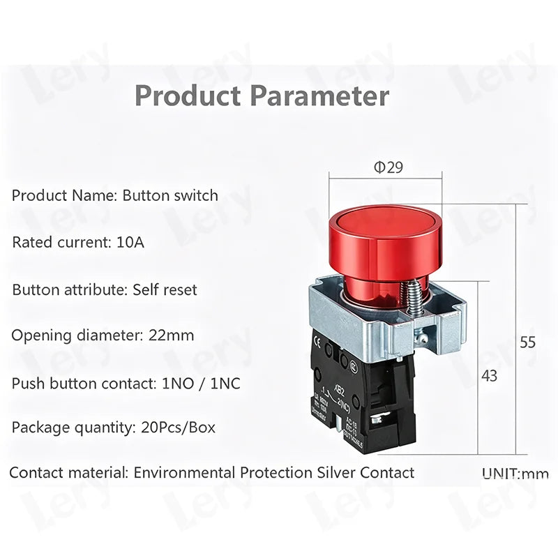 1Pcs XB2-BG21 XB2-BA31 XB2-BS54 22mm Knob Key Start Inching Power on Button Switch Self Reset Small Mushroom Head Emergency Stop