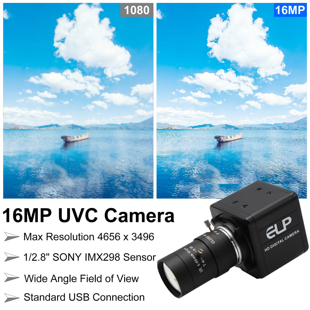 ELP USB Camera IMX298 UVC Mini USB Camera 16MP with 2.8-12mm CS Zoom Lens