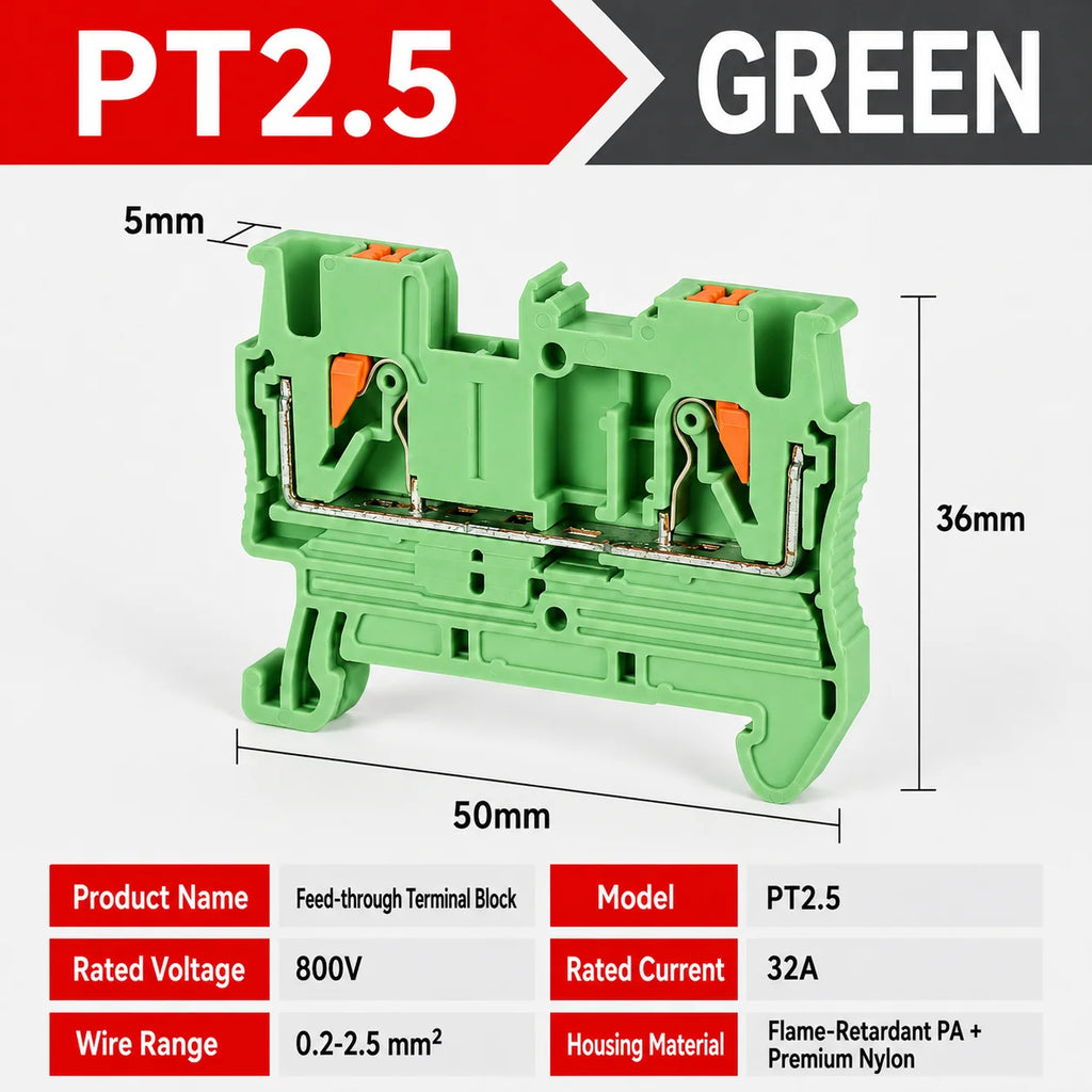 1-50Pcs PT2.5 Feed Through Terminal Block Push In Spring Connector 800V 32A 0.2-2.5mm2 DIN Rail NS35 Screwless Electrical Wiring
