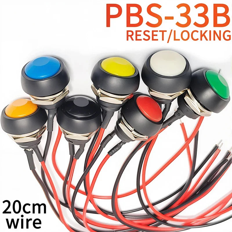 5/20PCS 12mm Momentary Push Button Switch ON OFF PBS-33B Self Reset Mini Round Switch With Wire 2Pin 1A DC12V