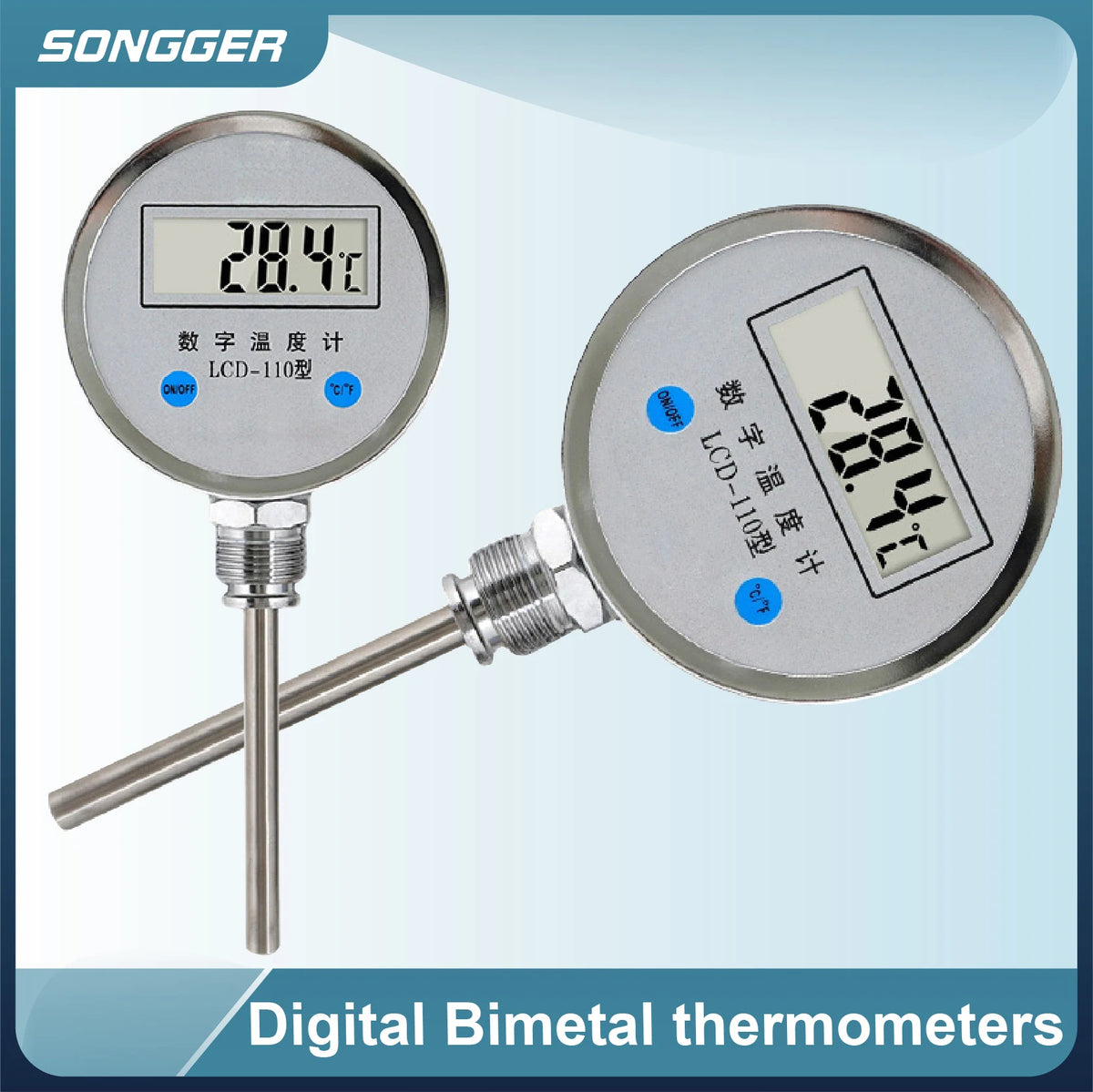 Digital Bimetal Thermometer LCD‑110 Stainless Steel Probe High Precision Water Temp Gauge Axial/Radial Mount IP65