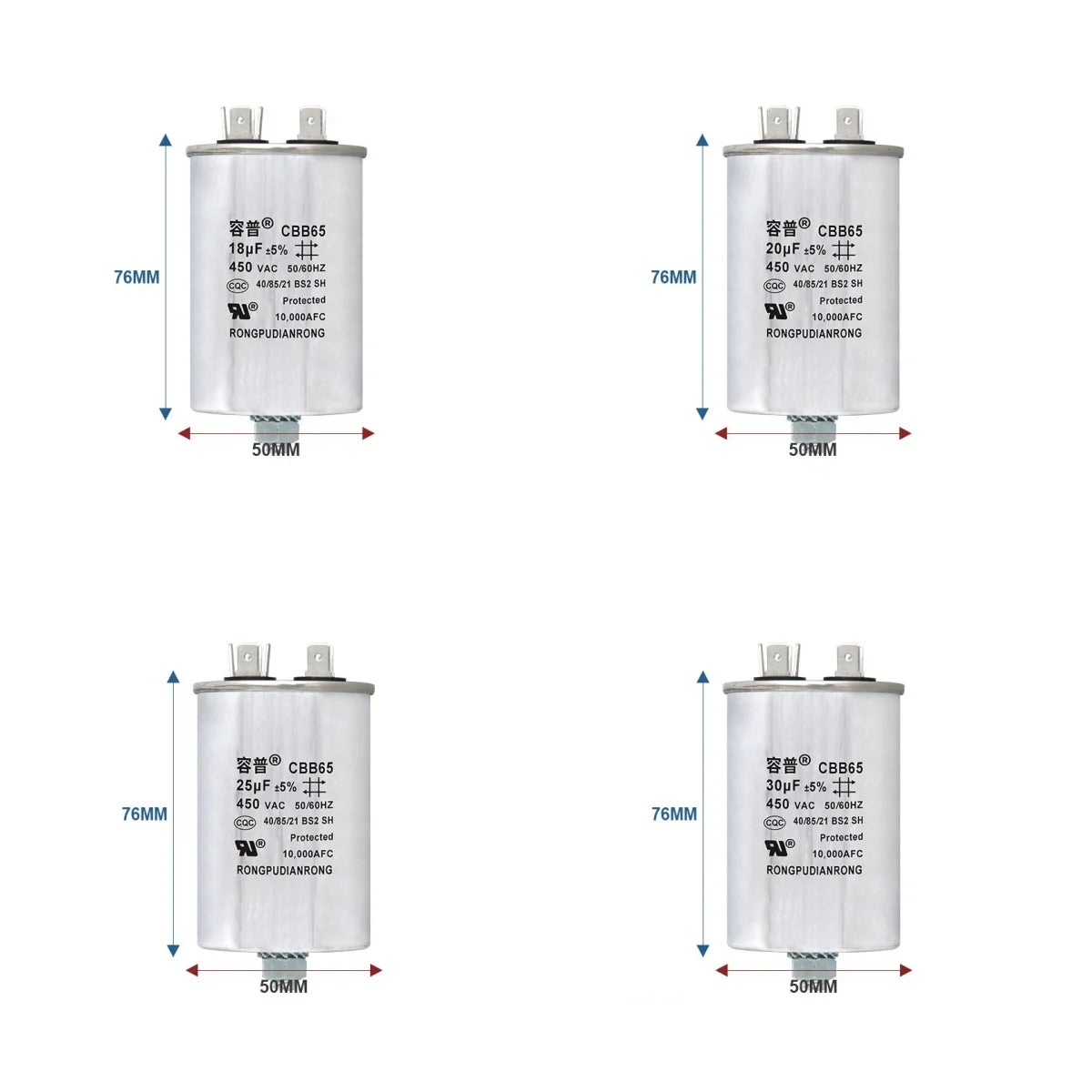 CBB65 Air Conditioner Capacitor Bottom with Screw 5UF 10UF 15UF 20UF 25UF 30UF 35UF 40UF 50UF 60UF 70UF 80UF 100UF 450V Screw