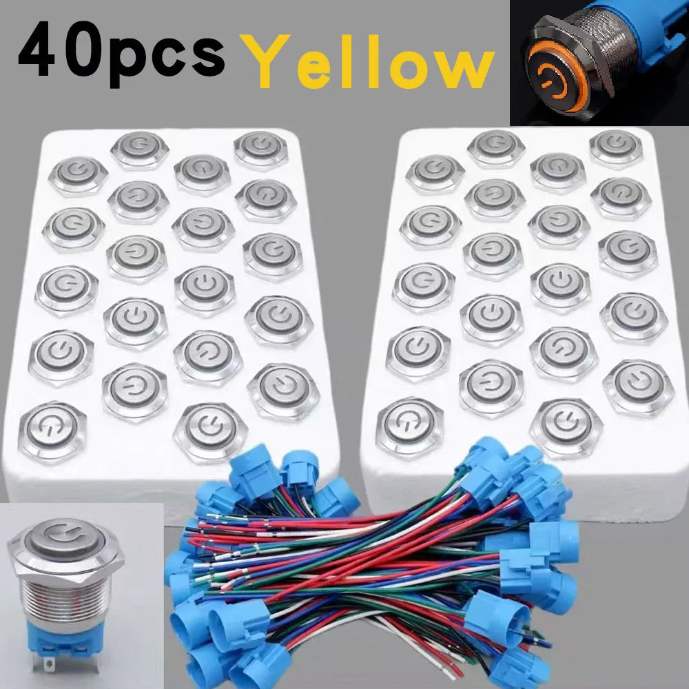40pcs 22mm Push Button Switch Latching Momentary Metal PC Power LED Light On Off with Wire Waterproof 12v 3v 5v 6v 24v 220v Red