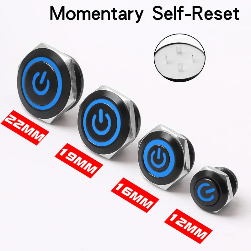 12/16/19/22mm Short Stroke Oxide Blcak Shell Metal Button Switch Waterproof Flat Head With Power LED Light Momentary 1NO 6V 24V