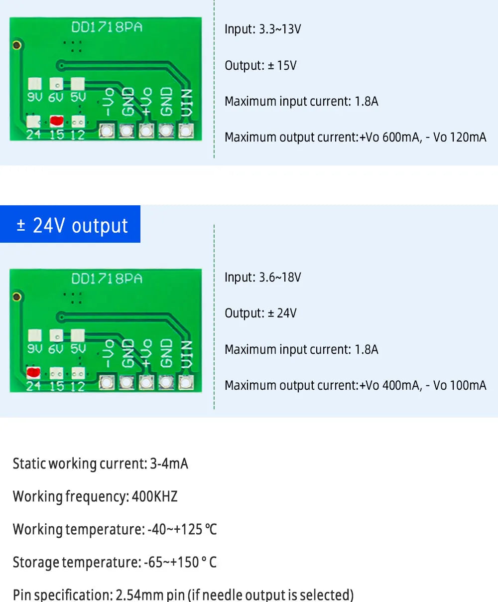DD1718PA ± 5V 6V 9V 12V 15V 24V Positive & Negative Dual Output Power Supply DC Step-up Boost Converter Module