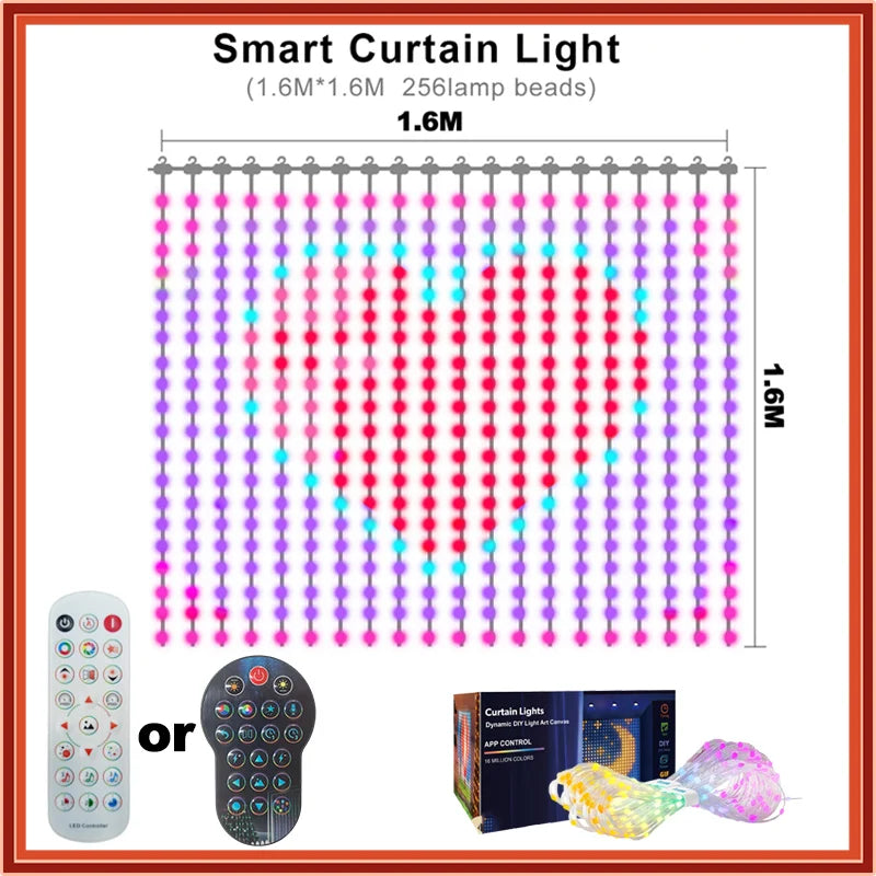 Smart Curtain Lights 256/400 LEDs Color Changing Dynamic DIY RGB IC String Lights with Remote & App Control for Bedroom Living Room Holiday Indoor Backdrop Decor