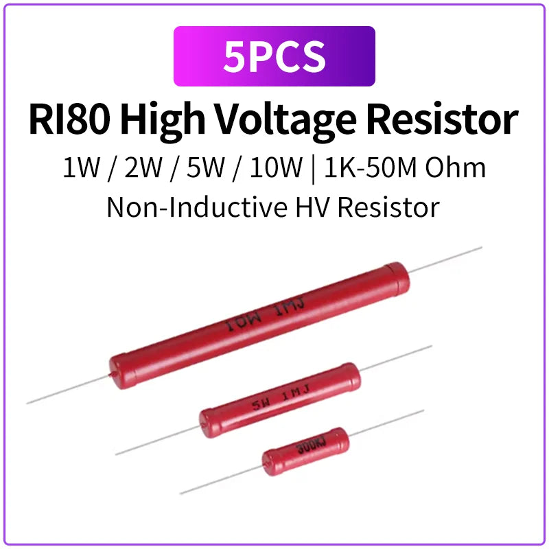 5PCS RI80 High Voltage Resistor 1W 2W 5W 10W 1K-50M Ohm Non Inductive High Value Resistor HV Resistor