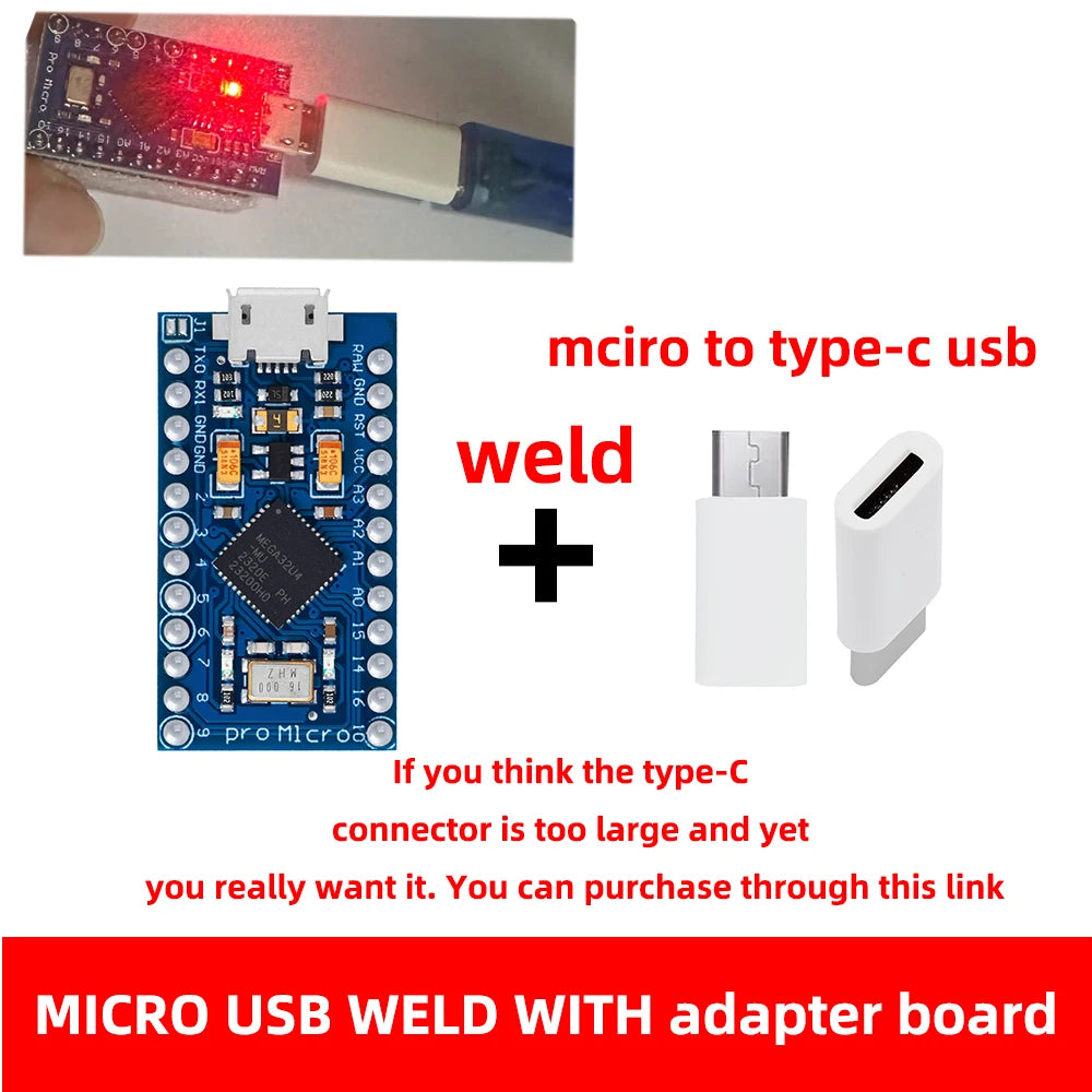 Pro Micro ATmega32U4 5V 16MHz Replace ATmega328 For Arduino TYPE-C  With 2 Row Pin Header For Leonardo Mini Usb Interface Pro