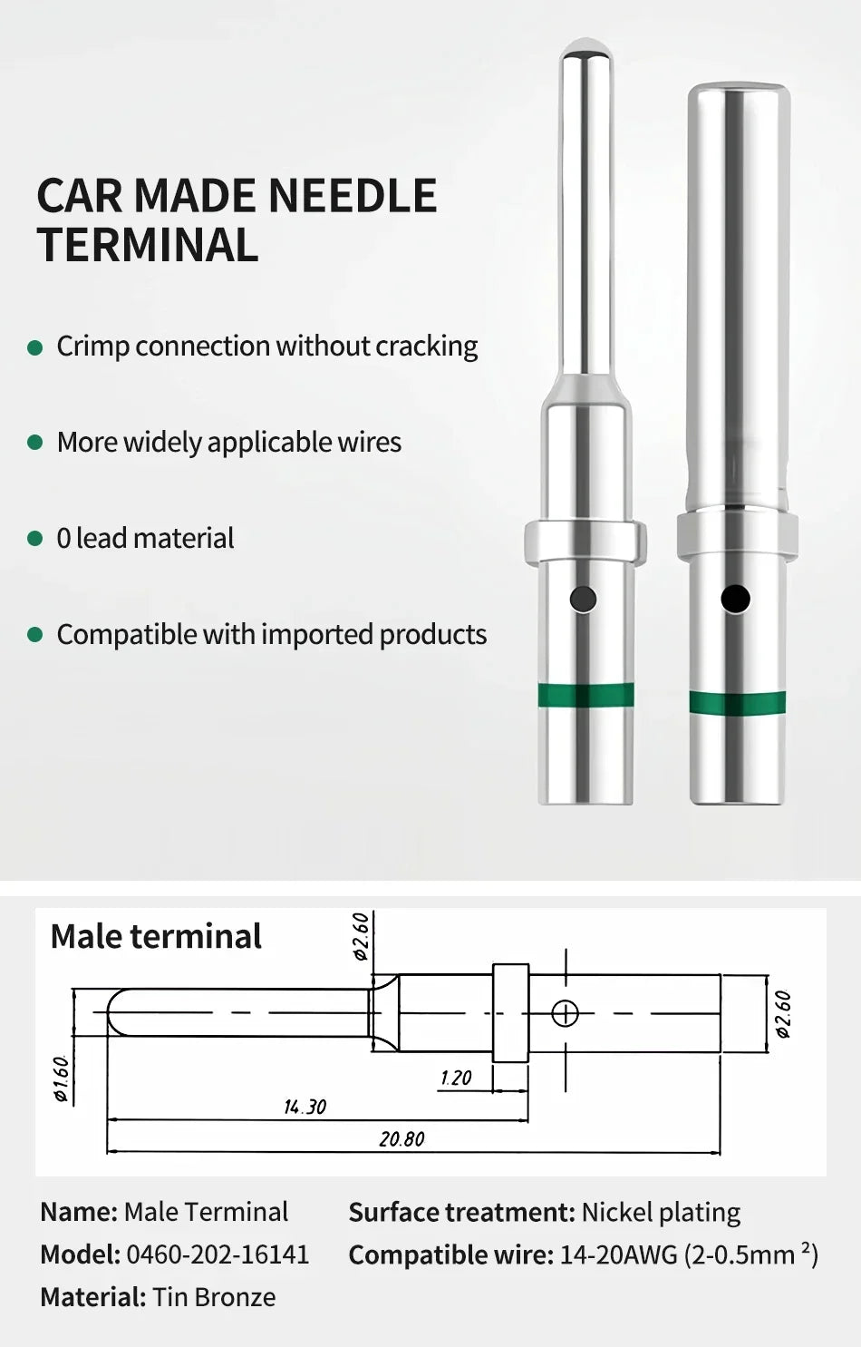 1.5mm Series Pin Contact 0462-201-16141 0460-202-16141 Solid Crimp Terminals – Stainless Steel AWG Male/Female