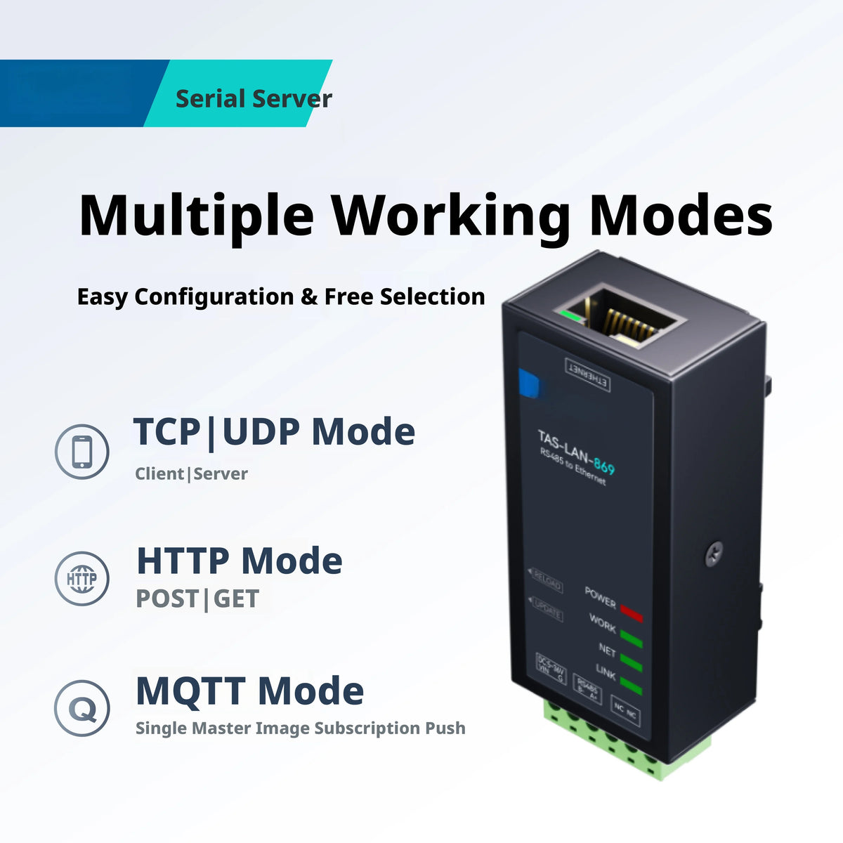 Serial to Ethernet Converter, RS485↔Ethernet, Modbus RTU/TCP Gateway, IP30, 5-36V DC, DIN Rail Mount