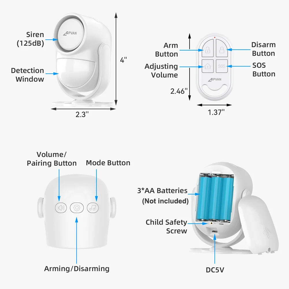 CPVAN PIR Infrared Motion Detector Alarm 120 high decibel Home burglar Alarm Motion Sensor with remote control and Door Sensor
