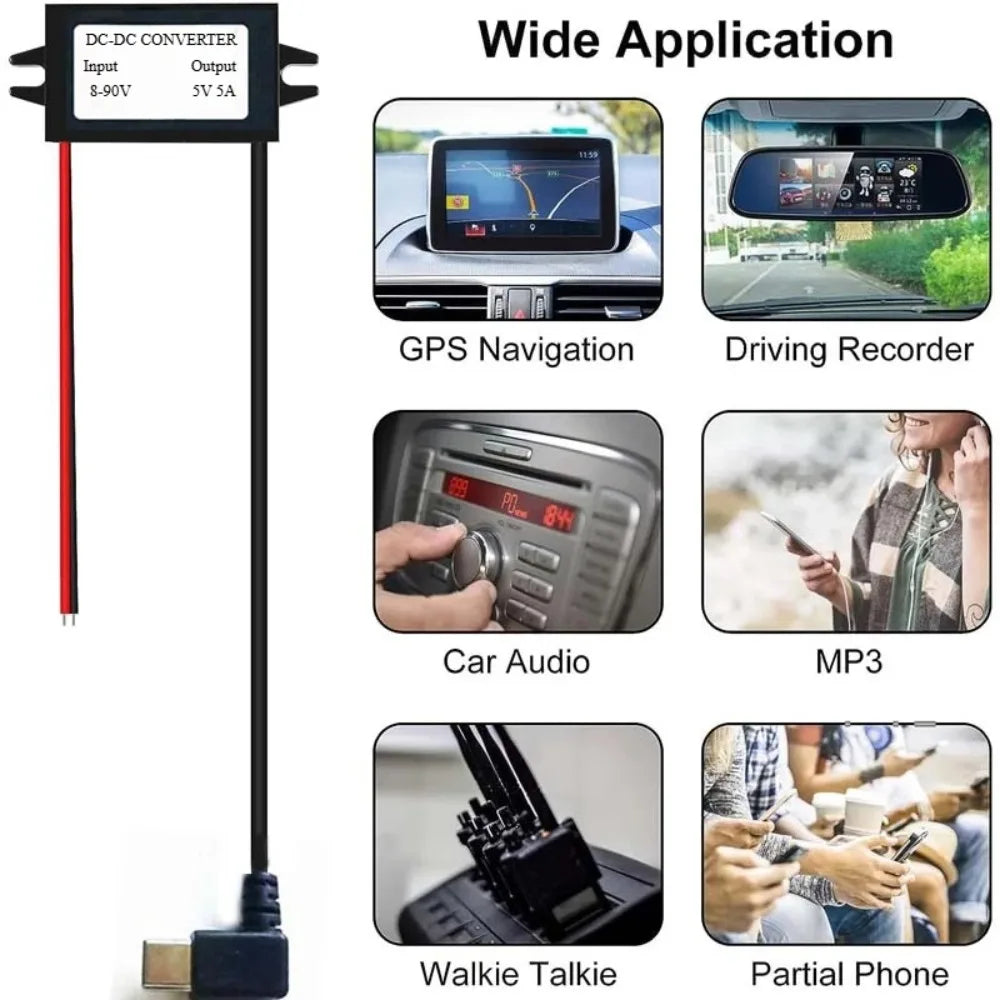 8-90V 12V 24V 48V 60V 72V 90V to 5V 5A 25WDC DC Step Down Converter Type-C Micro USB Buck Power Supply for Mobile Phone Charging