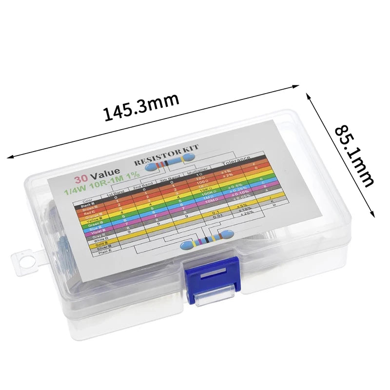 600pcs 1% Resistor Set Resistance 1/4W Metal Film Resistors Kit 10Ohm ~1M Ohm 30Values Electronic Components Kit