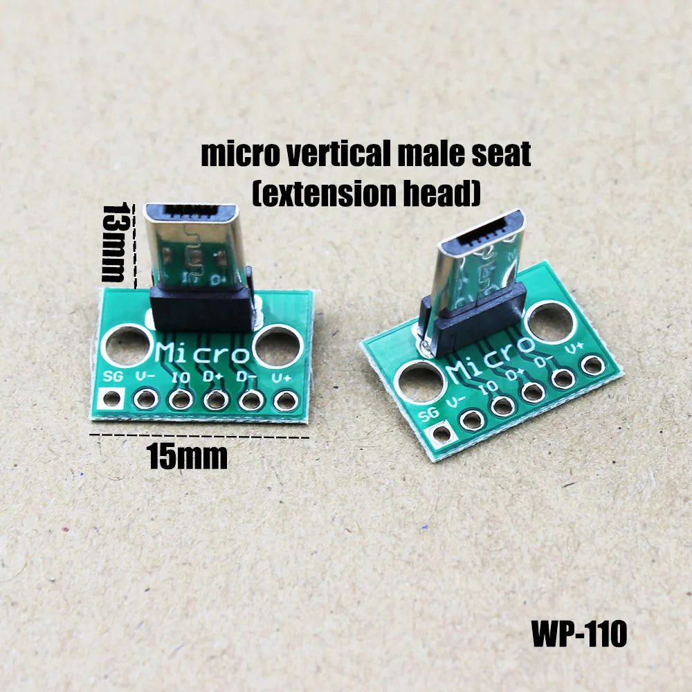 1Pce Vertical USB Micro USB 2.0 Male Lengthen Head Connector PCB Converter Adapter Breakout Board 180 Degree Vertical WP-110
