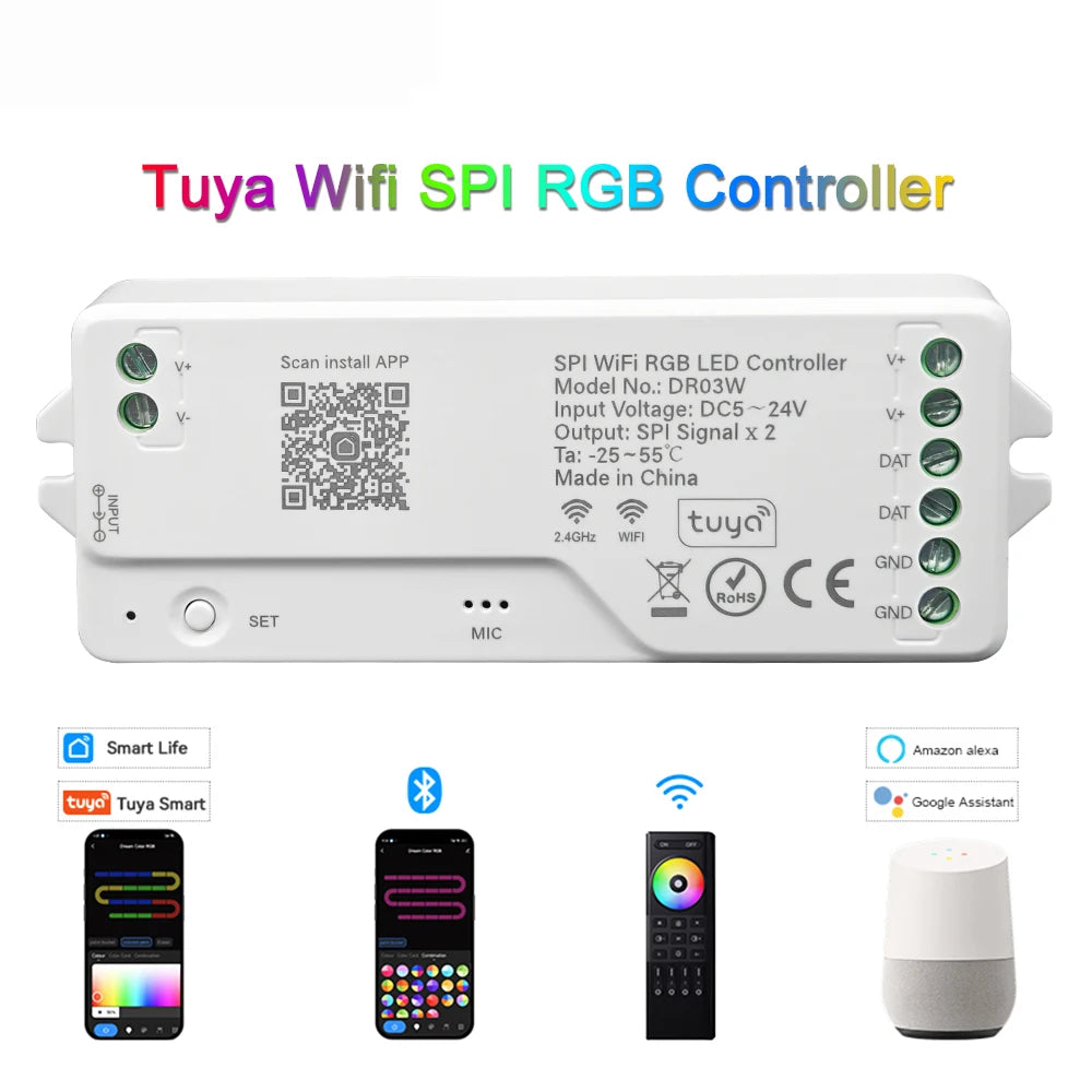 Tuya Wifi SPI RGB Controller DR03W RGBW DR04W For WS2812B WS2811 Addressable LED Strip Light Alexa Google Voice Control