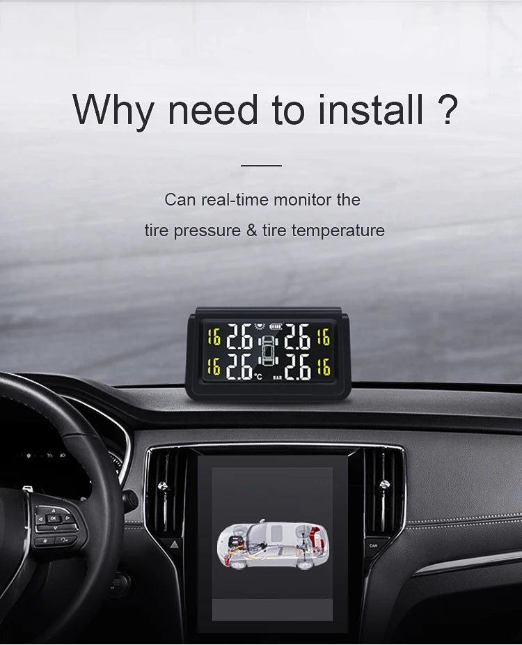 Solar Wireless Tire Pressure Monitoring System TPMS Auto Security Alarm Device Digital Colorful Display With 4 sensors