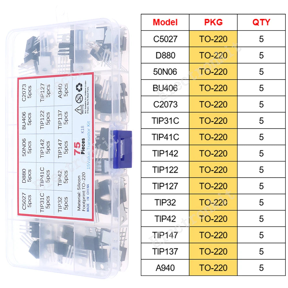 SOP-23 SOP-223 TO-252 TO-92 TO-92L TO-126 TO-220 Mosfet Triode Thyristor Voltage Regulator PNP/NPN Transistor Assortment Kit