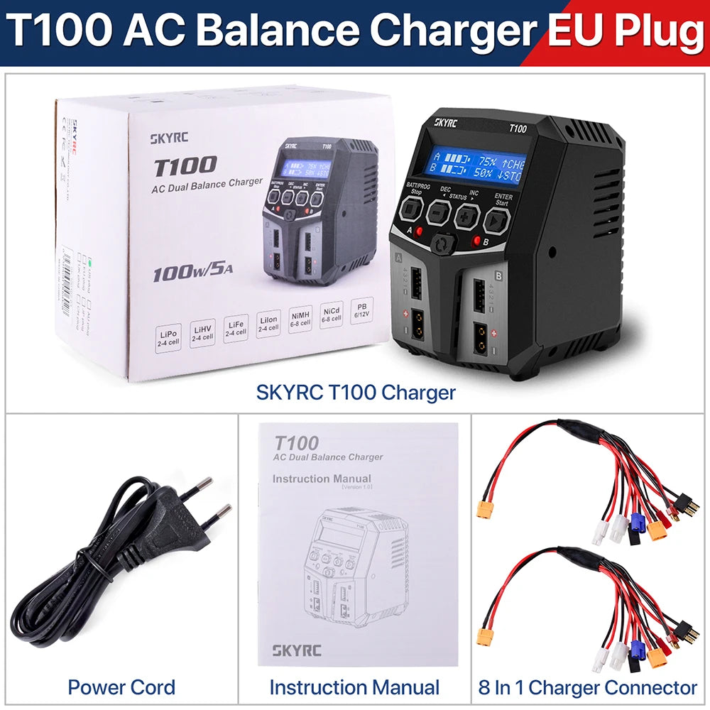 SKYRC T100 AC Lipo Battery Balance Charger Dual 5A 2X50W for 2-4S NiMH / NiCd / LiPo / LiFe / Lilon / LiHV  RC Car Charger