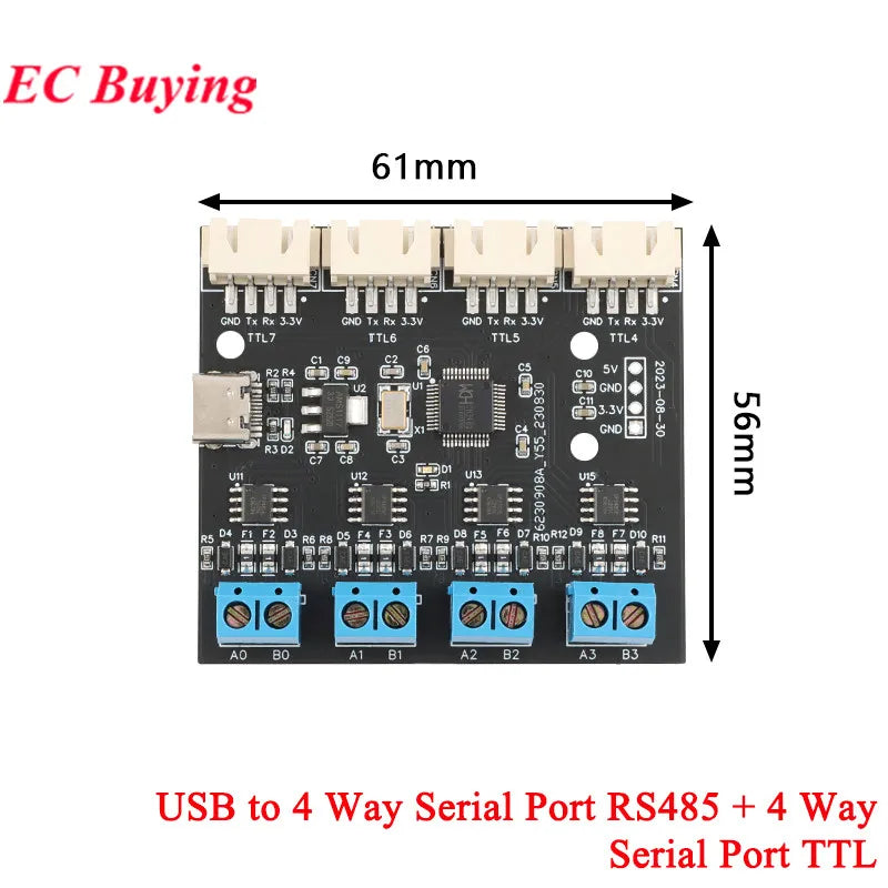USB to 4 8-way RS485 Serial Port Type-C to 4 8-way 485 Multi-channel UART TTL CH348 HUB RS485 Module Expansion Board YR-6028