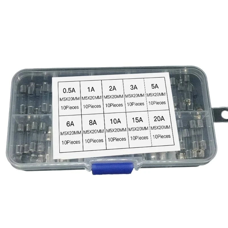 100pcs/set 5x20mm Assortment Fine Glass Tubes Slow Glass Fuses for Electronics