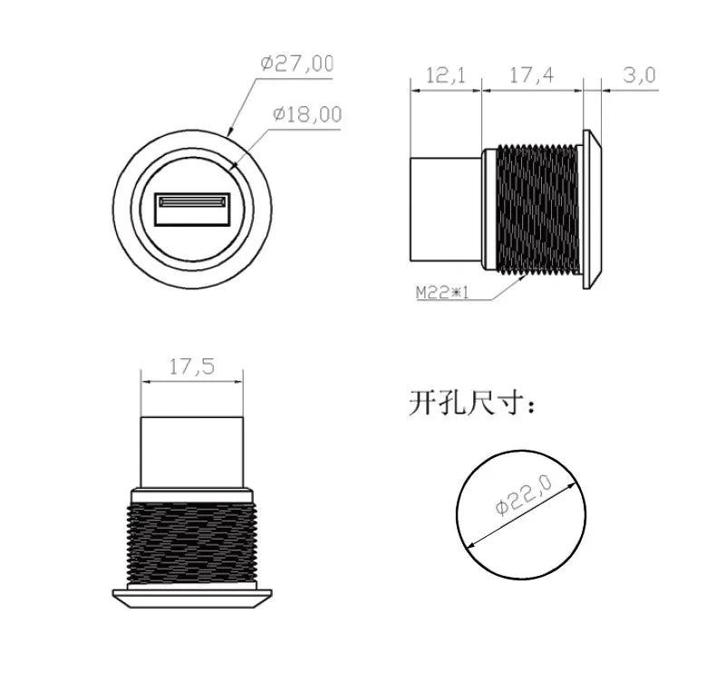 C-type USB3.0 Panel Socket Metal 22mm Circular Dual USB 2.0/3.0 Thread Module Connector USB Interface Type-C HDMI Plug Sockets