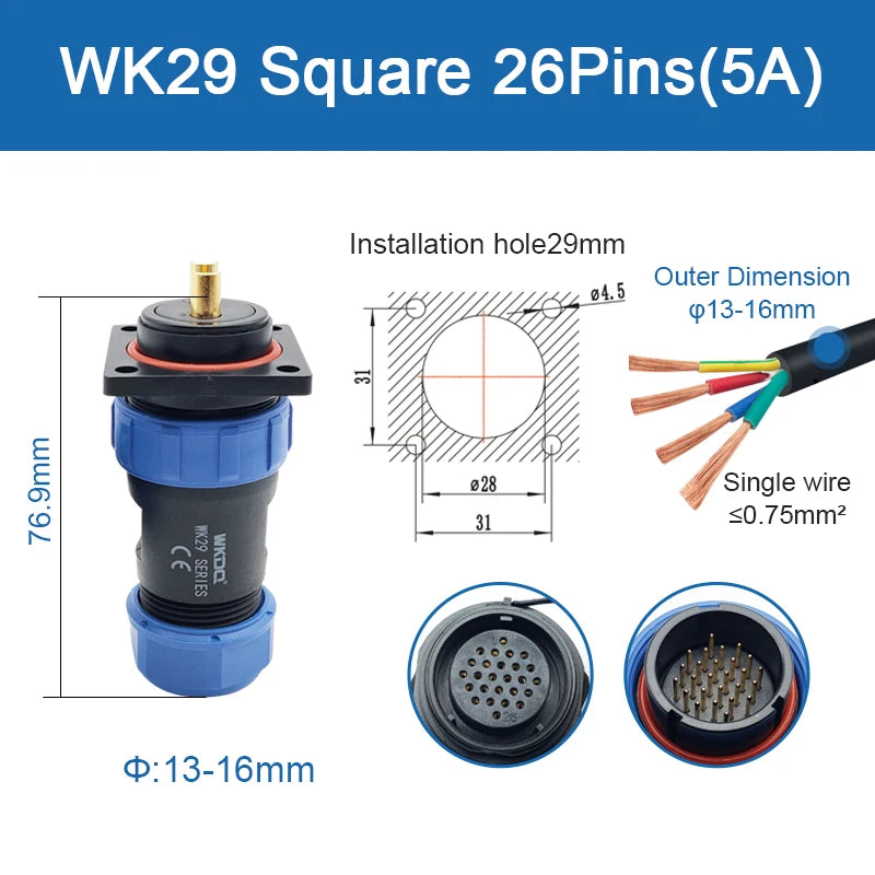 SP29 Square Waterproof Connector Soldering Electric IP68 WK29 Aviation Male Plug Square Back Nut Socket Threaded Cable Connector