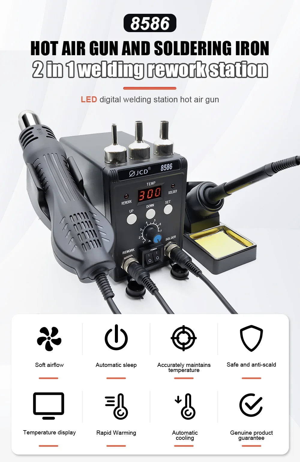 JCD 750W Soldering Station 8586 LCD Digital Display SMD Rework Hot Air Gun Soldering Iron 220V 110V ESD Welding Repair Tools