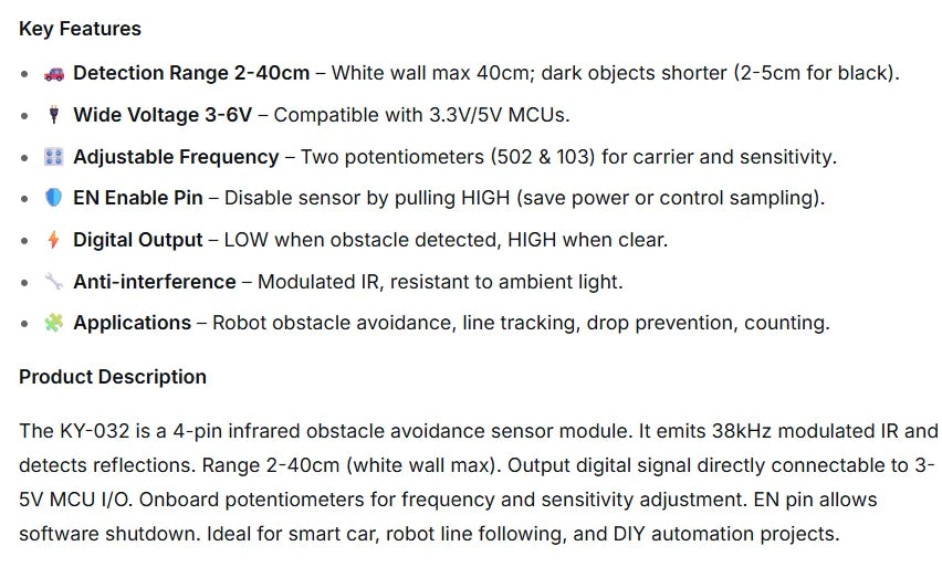 KY-032 Infrared Sensor Module 4pin Obstacle Avoidance Detection 2-40cm with Frequency Adjustment for Arduino Smart Car