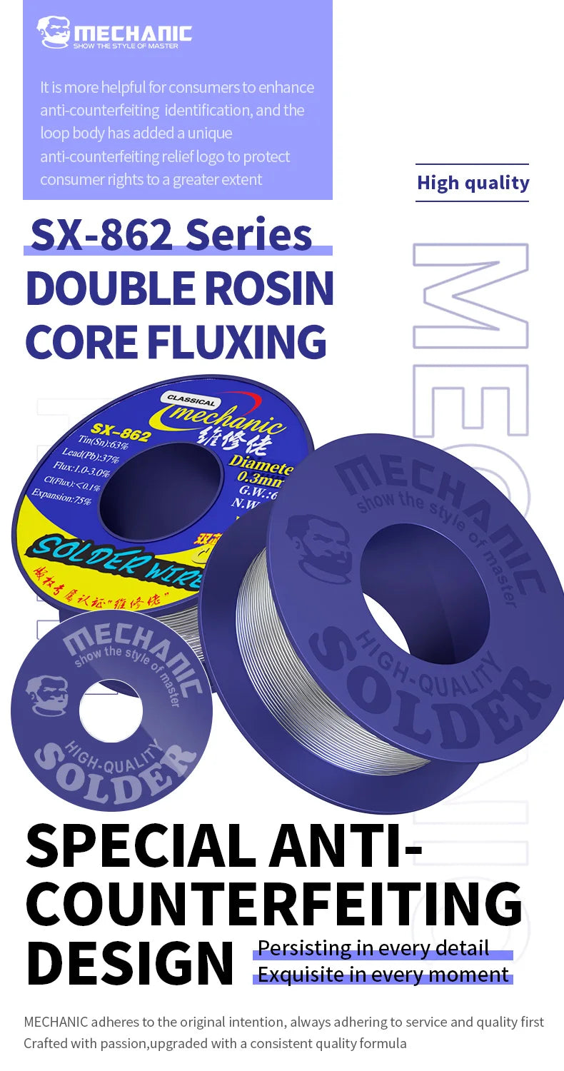 MECHANIC SX-862 60g Double Hole Rosin Core Solder Wire 183℃ Melting Point Solder Flux 1-3% No-residue High Purity Welding Cable
