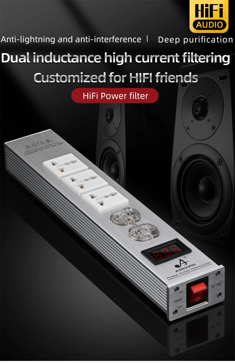 ATAUDIO HIFI Audio Power Filter Noise AC Power Filter Power 1500W 110V-250V  Purifier Surge Protection with EU Universal Outlets