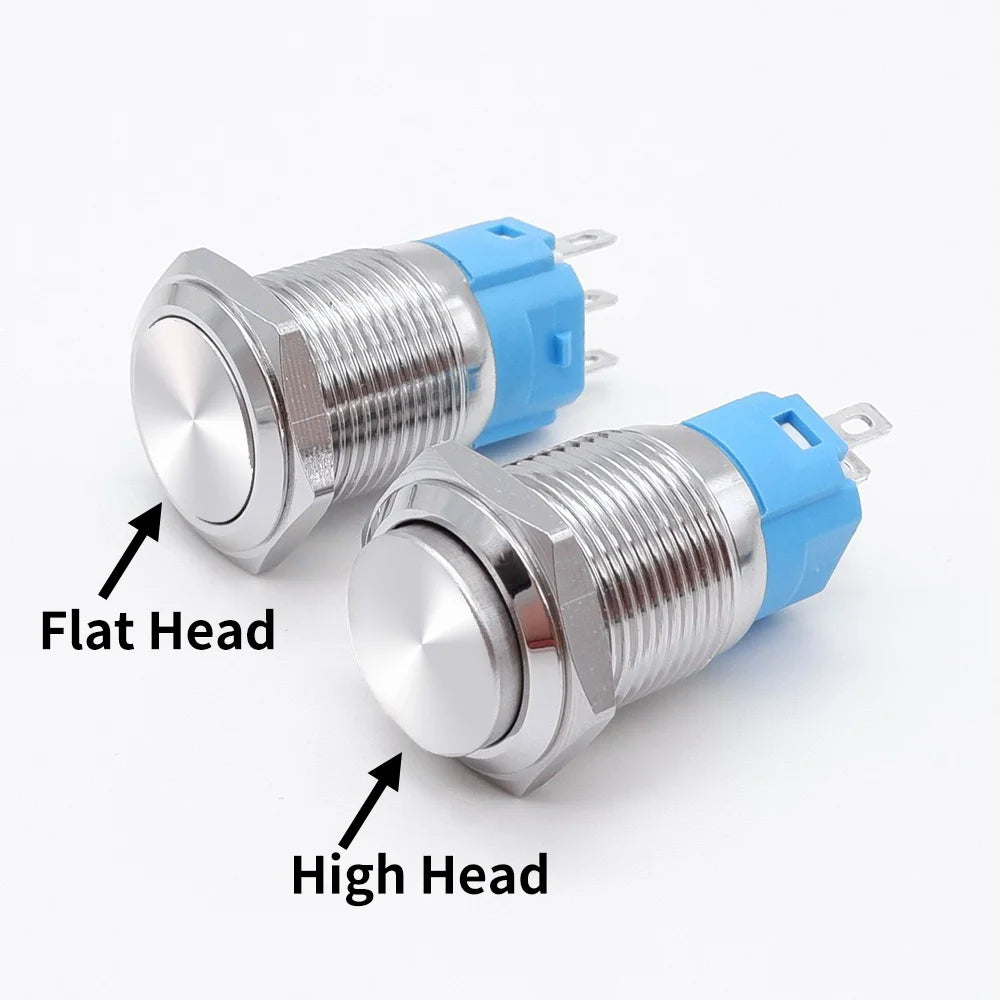 12 16 19 22mm Metal Push Button Switch Press Button Flat High Head 1NO 1NC Momentary Self Reset Locking Latching Black Switch