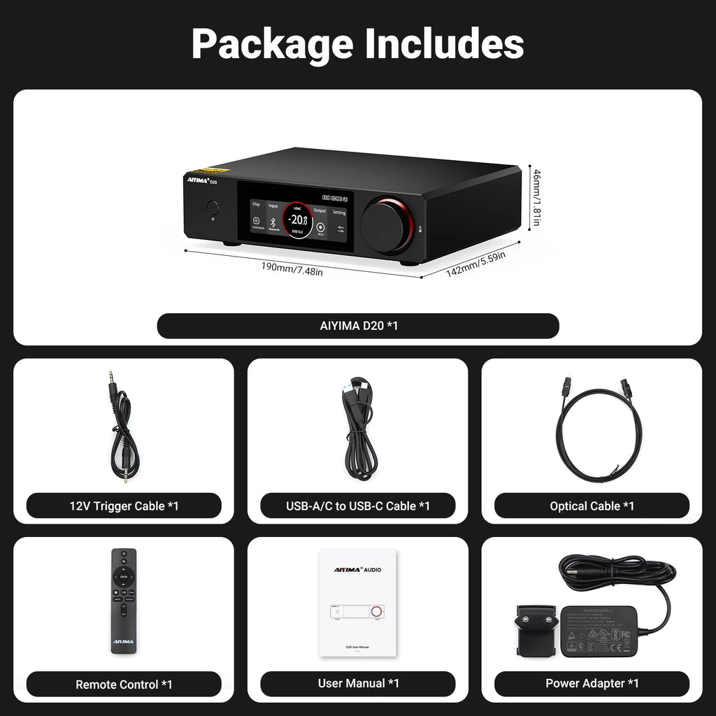 AIYIMA D20 HiFi DAC Decoder AK4493SEQ ES9039Q2M XMOS XU316 USB DSD512 Bluetooth 5.1 LDAC RCA XLR Audio Converter VU Meter