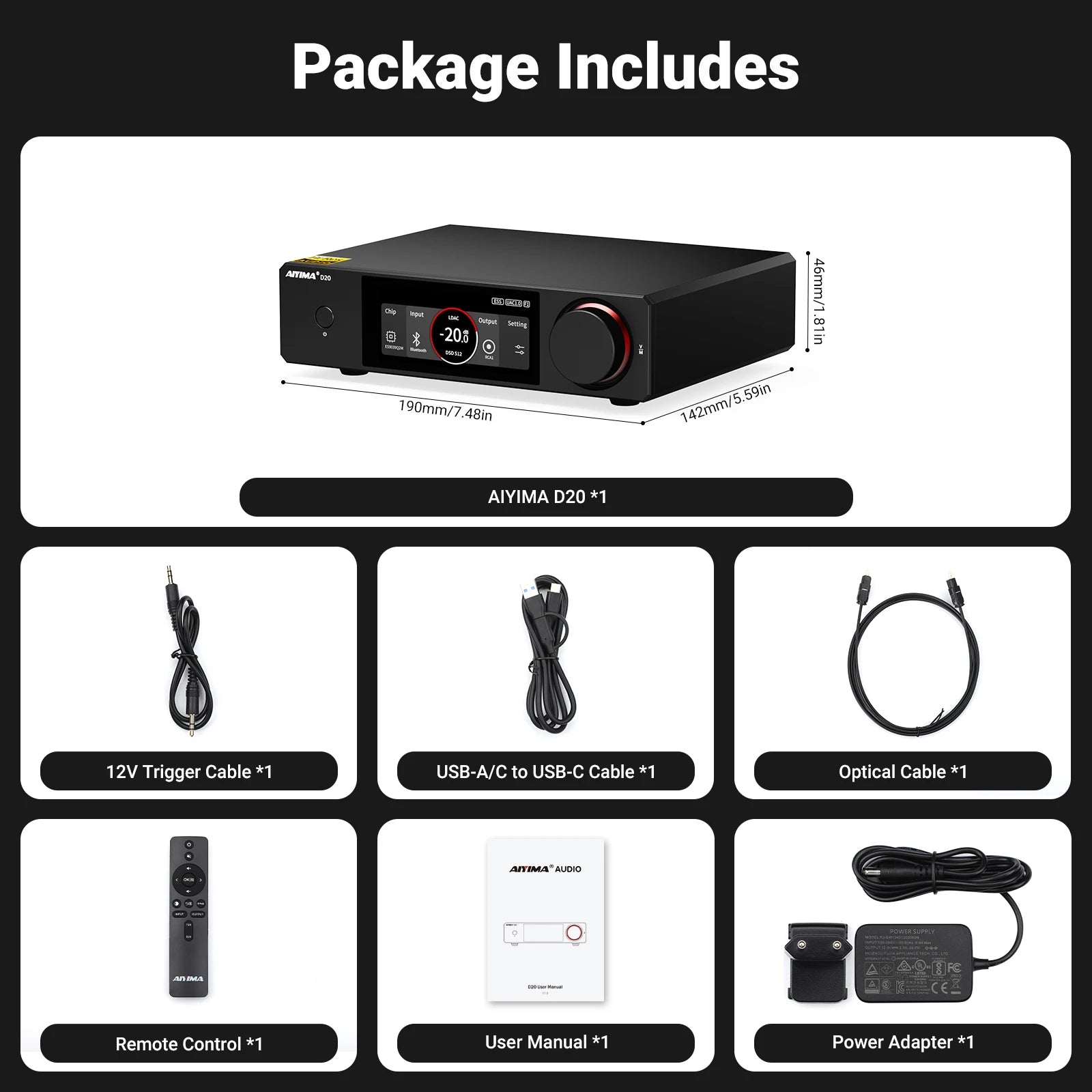 AIYIMA D20 HiFi DAC Decoder AK4493SEQ ES9039Q2M XMOS XU316 USB DSD512 Bluetooth 5.1 LDAC RCA XLR Audio Converter VU Meter