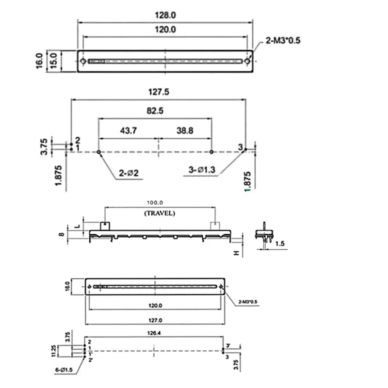 1PCS 128mm long SC-1009G mixer fader / dual straight sliding potentiometer B10Kx2 / handle length 8MMB / travel 100mm