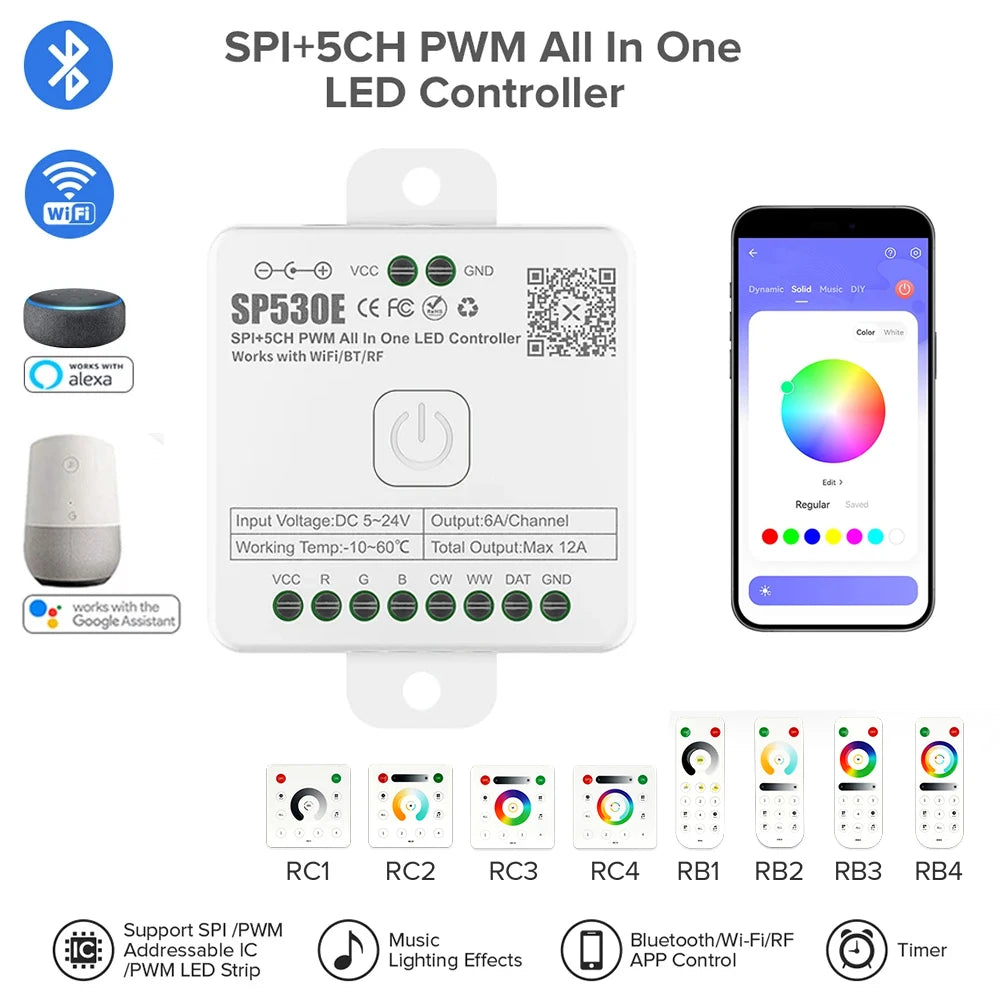 All In One LED Controller SP530E Wifi Alexa Google Home BT SP630E 5CH PWM SPI Pixels LED Strip Light WS2811 WS2812B SK6812 FCOB