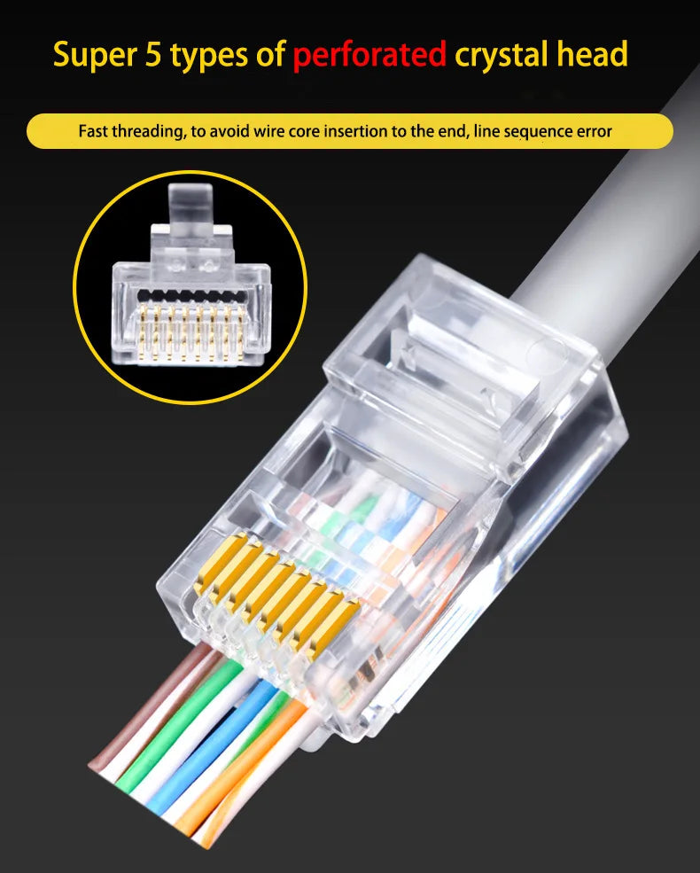 100 Pcs RJ45 Connector CAT6 CAT5e Pass Through Connectors Crystal End Connector Network Unshielded RJ45 Perforated Crystal Head