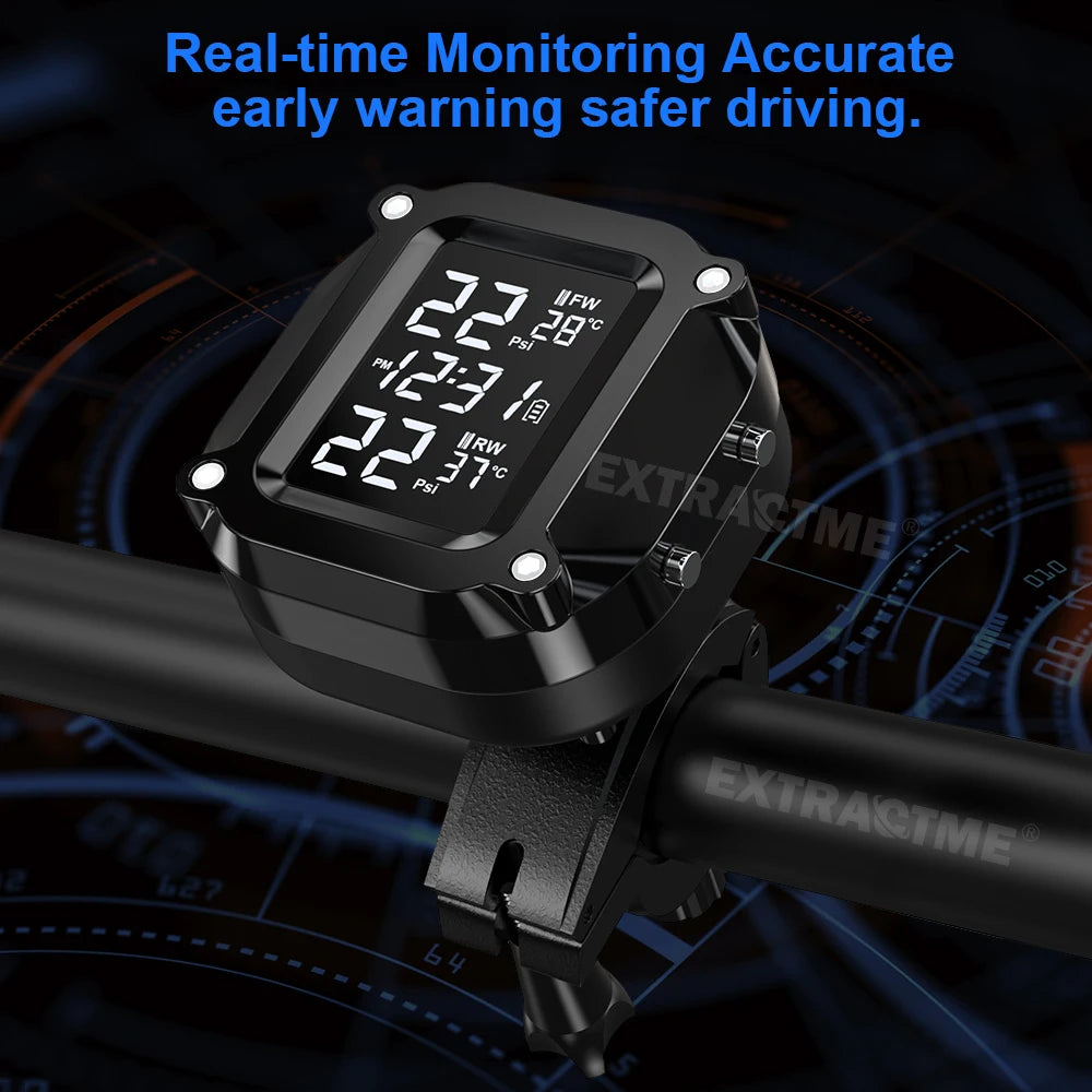 Extractme Tire Pressure Monitoring System Colorful Display Wireless TPMS Motorcycle Solar Charge Tyre Temperature Alarm Sensor