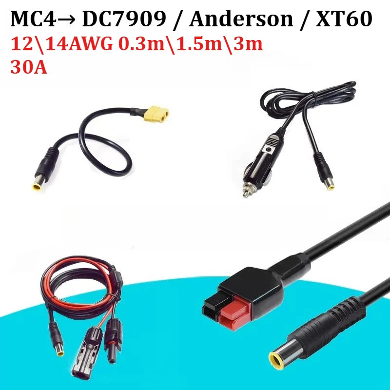 1PCS Solar MC to DC7909 Male/Female + 30A Anderson + XT60 Male/Female Adapter Cable, 12AWG Pure Copper PV Extension Wire
