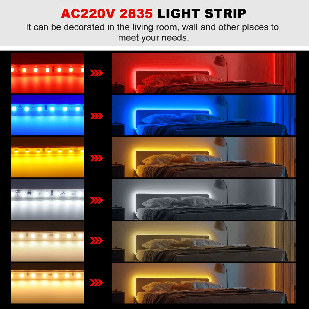 220V LED Strip 2835 120LEDs/m Waterproof 0.5M 5M 10M 20M 30M 40M Flexible Lamp Adhesive Tape White Red Green Ice Blue Pink