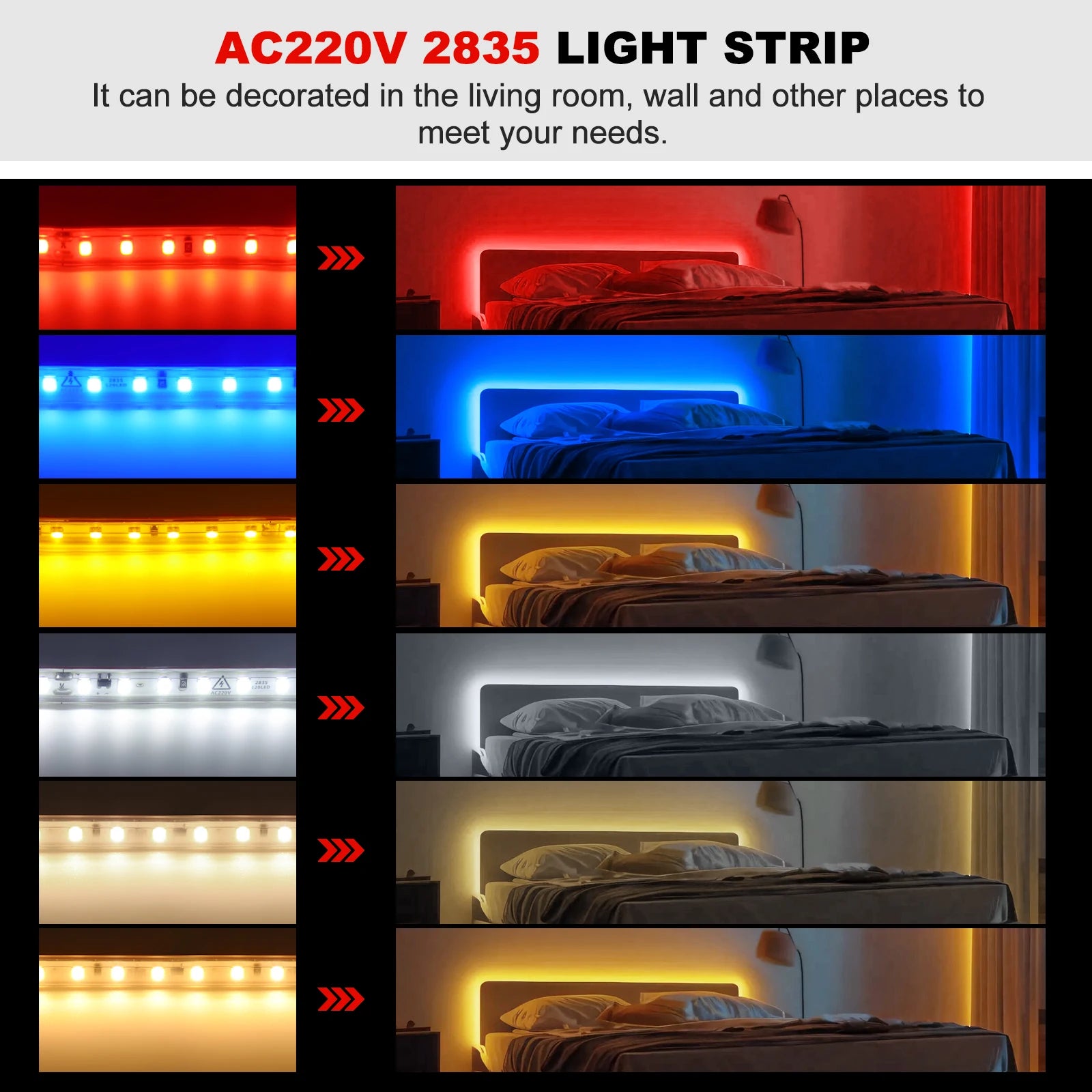 220V LED Strip 2835 120LEDs/m Waterproof 0.5M 5M 10M 20M 30M 40M Flexible Lamp Adhesive Tape White Red Green Ice Blue Pink