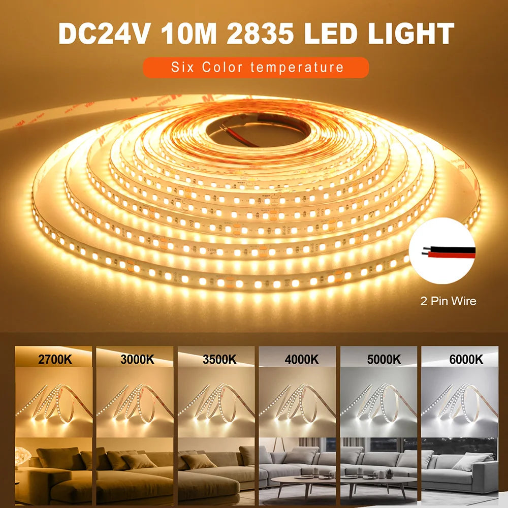 5m 10m RA98 LED Strip Light 2700K 3000K 3500K 4000K 5000K 6000K 12V 24V 2835 Flex Tape Stripe Hight Bright 120LED Home Lighting