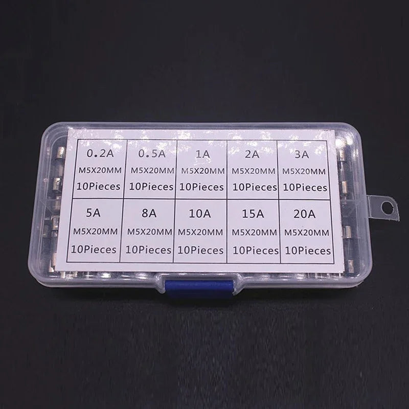100/72pcs Car Fast-blow Glass Fuses Car Glass Tube Fuses 0.2-20A 0.5-30A Assorted Kit for Car Light Inflator Vacuum Cleaner