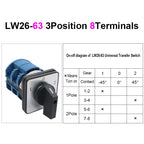 OMCH 1PCS Silver Contact LW26-20/32/63 Universal Switch 3 Position 1-0-2 1/2/3/4 Poles 440V 4/8/12/16Terminals Rotary Cam Switch
