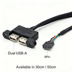 9Pin USB2.0 Internal Cord,Dual USB-A Panel Mount Female,2.54mm MB Front Header,30cm/50cm Option PC Chassis Front Panel DIY